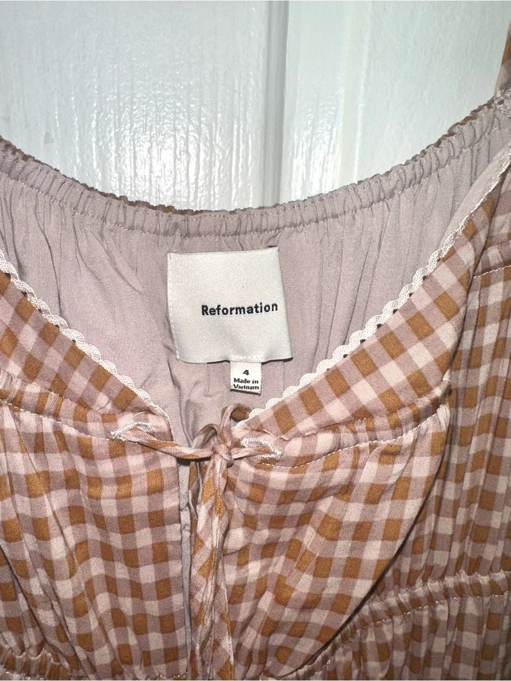 Reformation Brown Gingham Puff-Sleeve Midi Dress - Picture 3 of 6